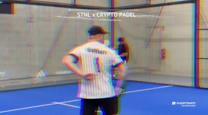 A person wearing a 'Solflare' sports jersey (number 11) standing on a padel court, with text overlay 'STNL x CRYPTO PADEL' and 'superteam' watermark.
