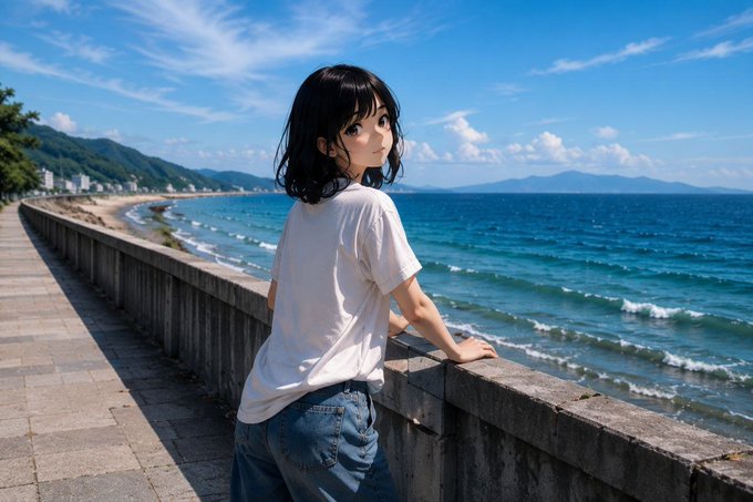 An anime-style illustration of a young woman with dark hair wearing a white t-shirt and denim shorts, leaning on a concrete sea wall and looking out at a blue ocean with distant mountains under a partly cloudy sky.