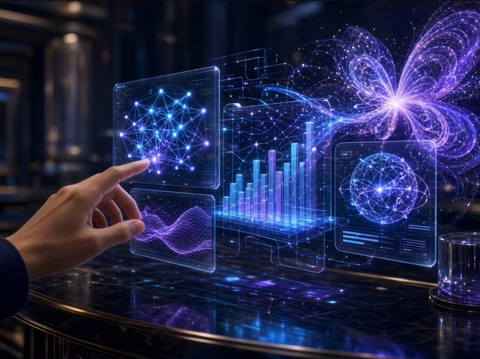 Futuristic digital art showing a hand interacting with holographic blue data panels containing network nodes, bar charts, and waveforms, with a glowing purple butterfly emerging from a beaker in the background.