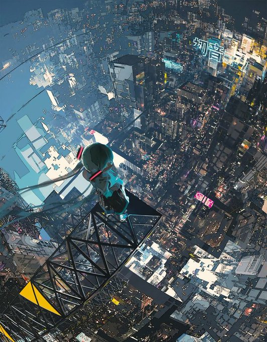 A person wearing a helmet and a red backpack crouches on a metal tower overlooking a vast, densely packed futuristic cyberpunk city illuminated by neon signs.