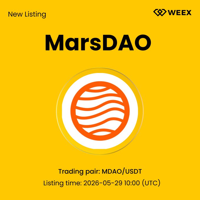 The image features a yellow background with an orange circle that says "MDAO" at its center, along with the text "New Listing" above it. Below this, there are two lines of text discussing the trading pair between Mars DAO and USDT on WEEX. The post also includes a link to the website where the listing is available for viewing.