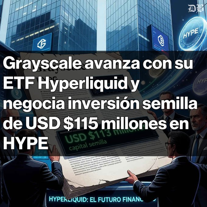 The image shows a building with people inside it wearing suits and ties. The text explains that "Grayscale avanza con ETF Hyperliquid y España neoglacia negocia seilla de 2 millones de tokens HYPE, valorados en USD $115 millones La identidad del posible inversor". This information is likely related to the context of investing in ETFs or cryptocurrency and its association with US dollar hedge funds. The scene represents a meeting where financial experts gather to discuss investment strategies and opportunities, using suits and ties as a symbol of professionalism during such meetings.