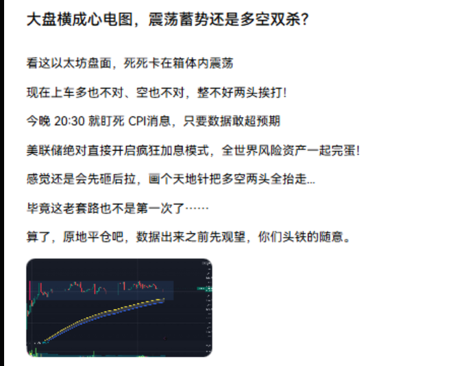A Chinese social media post discussing stock market volatility, featuring the headline '大盘横成心电图，震荡蓄势还是多空双杀？' alongside a stock chart showing a narrowing price range.