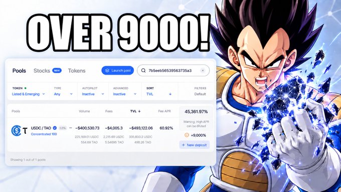 A meme-style image features Vegeta from Dragon Ball Z alongside a crypto liquidity pool dashboard showing a USDC/TAO pair with TVL of $493,122.06 and APR of 60.92%, with bold text reading 'OVER 9000!'.