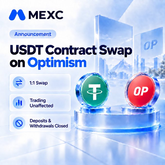 A MEXC cryptocurrency exchange announcement graphic for a 'USDT Contract Swap on Optimism', noting a 1:1 swap, unaffected trading, and closed deposits/withdrawals, featuring USDT and OP token logos.