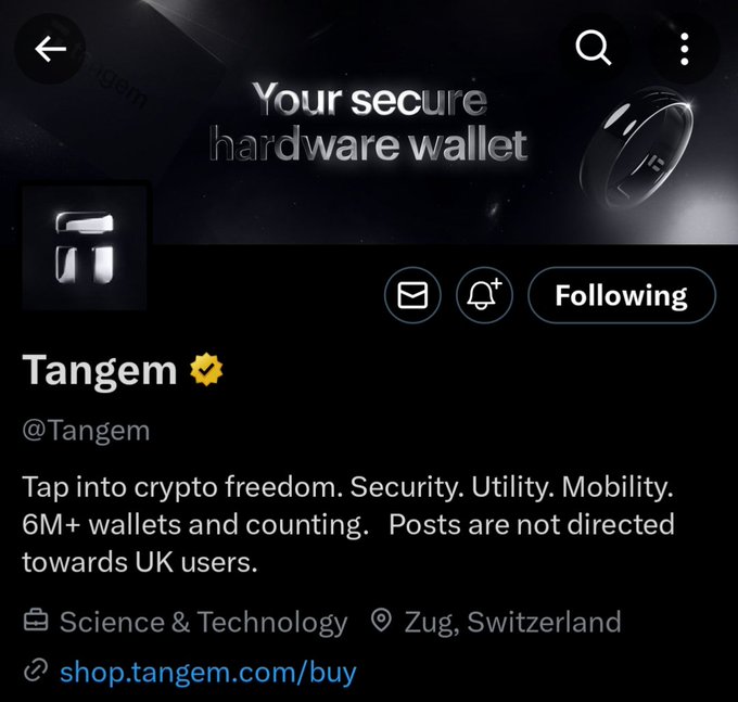 A social media profile page for Tangem (@Tangem), a hardware wallet company based in Zug, Switzerland, with the tagline 'Your secure hardware wallet' and the bio 'Tap into crypto freedom. Security. Utility. Mobility. 6M+ wallets and counting. Posts are not directed towards UK users.'