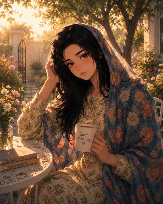 A young woman with long dark hair sits at a garden table holding a mug that reads "Good Morning," wrapped in a floral shawl surrounded by blooming flowers in warm morning light. The cozy "Good Morning" mug mirrors the post's cheerful greeting, setting a relaxed tone that contrasts with the bustling crypto updates about Nomisma Network and Tria's $200M milestone.