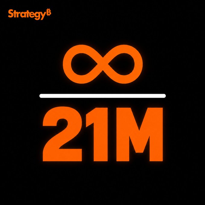 A black graphic with orange 'Strategy' logo in the top left and a large orange infinity symbol over '21M' text in the center.