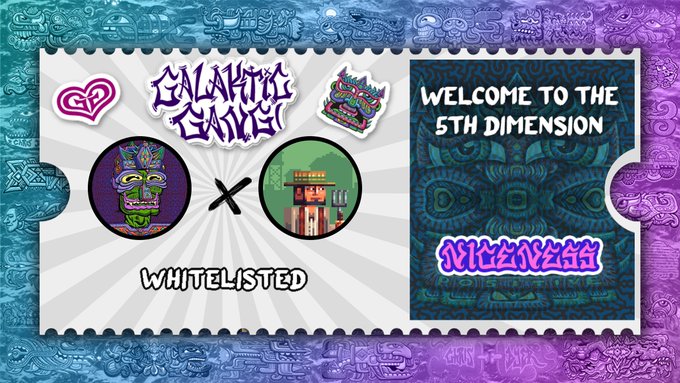 A stylized digital graphic resembling a ticket or pass features "GALAKTIC GANG" branding alongside a "WHITELISTED" stamp, with two circular icons (a purple mask and a pixelated building) separated by an "×" symbol. The right panel displays "WELCOME TO THE 5TH DIMENSION" and "WHITELISTED," aligning with the post's announcement of a collaboration between GreenAcresNFT and GalakticGangNFT.