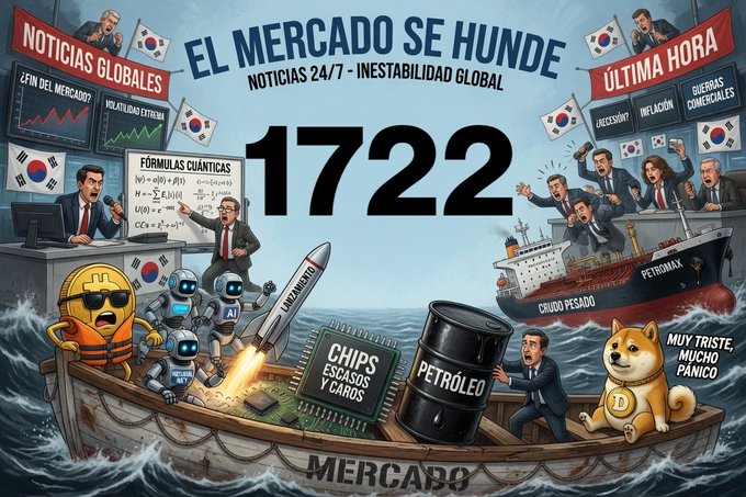 A chaotic illustration titled "EL MERCADO SE HUNDE" (The Market Sinks) depicts panicking news anchors, politicians, and a Dogecoin mascot in a boat labeled "MERCADO," surrounded by crashing ships, falling charts, and oil barrels labeled "PETRÓLEO."