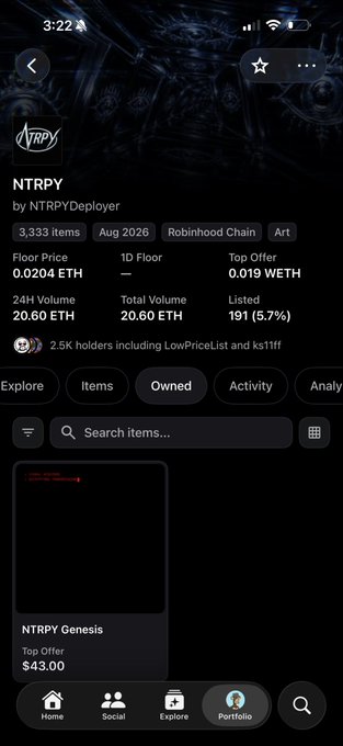 A mobile app interface for the NFT collection 'NTRPY' by NTRPYDeployer shows stats including '3,333 items', a '1D Floor Price 0.0204 ETH', and '2.5k holders'.