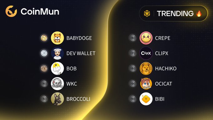 A 'CoinMun' trending list showing the top 10 cryptocurrencies: 1. BABYDOGE, 2. DEV WALLET, 3. BOB, 4. WKC, 5. BROCCOLI, 6. CREPE, 7. CLIPX, 8. HACHIKO, 9. OCICAT, 10. BIBI.
