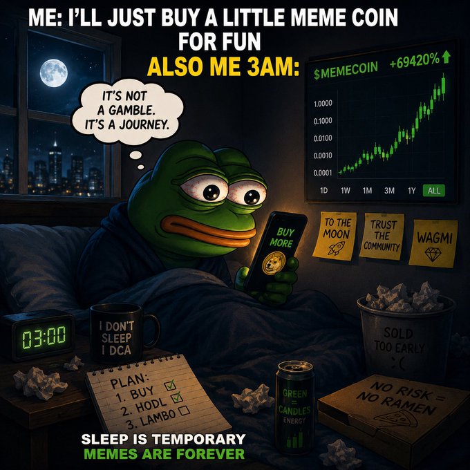 The image shows a sad Pepe the Frog wide awake at 3:00 AM in bed, staring at a phone displaying "$MEMECOIN +69420%" on a green candlestick chart, with sticky notes reading "TO THE MOON," "TRUST THE COMMUNITY," and "WAGMI," alongside crumpled papers in a "SOLD TOO EARLY" trash bin and a "PLAN: 1. BUY ✓ 2. HODL ✓ 3. LAMBO ☐" notepad. The caption text reads "ME: I'LL JUST BUY A LITTLE MEME COIN FOR FUN / ALSO ME 3AM" with "SLEEP IS TEMPORARY, MEMES ARE FOREVER," and his thought bubble declares "IT'S NOT A GAMBLE. IT'S A JOURNEY." The meme perfectly illustrates the post's theme of falling in love with a meme coin at 3 AM despite knowing better, capturing the hypnotic pull of a +69420
