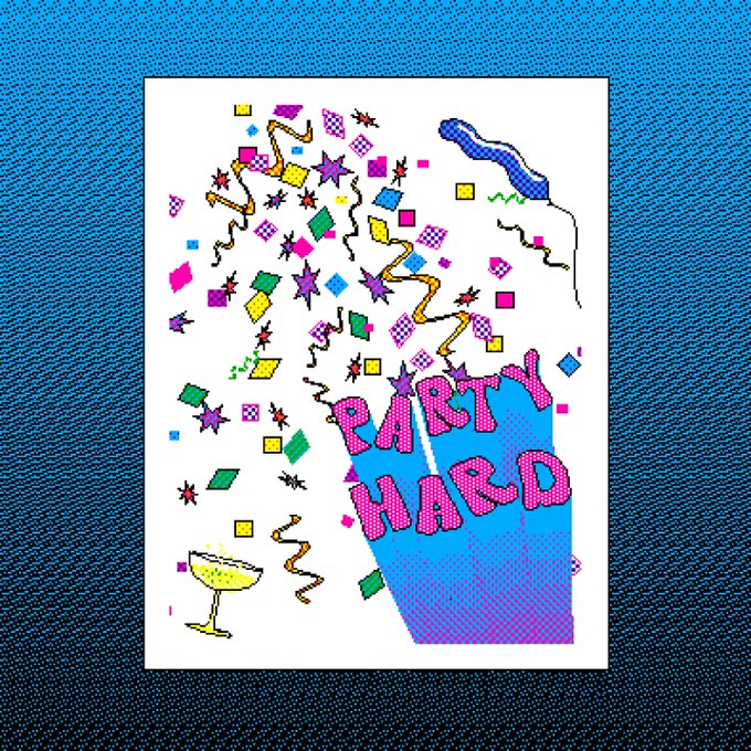 A retro pixel-art style poster with the text "PARTY HARD" on a blue cup, surrounded by colorful confetti, streamers, and a cocktail glass.