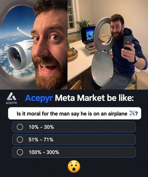 The image shows a split photo of a bearded man appearing as if he's on an airplane, juxtaposed with him holding a giant airplane window prop in reality, alongside an "Acepyr Meta Market" poll asking "Is it moral for the man say he is on an airplane?" with betting ranges of 10%-30%, 51%-71%, and 100%-300%. The post promotes Acepyr's unconventional prediction market where users can wager on humorous, absurd questions like this trick photography scenario.