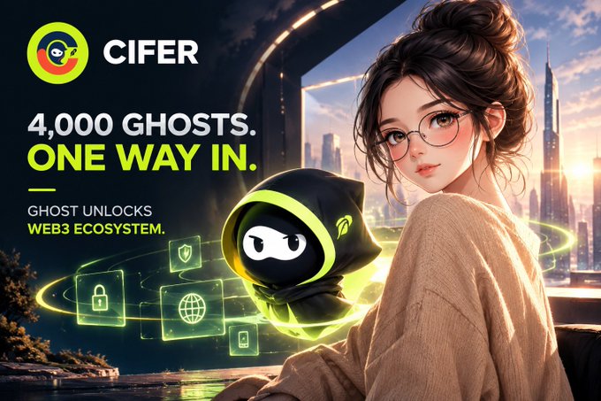 A promotional banner for CIFER featuring an anime-style woman and a hooded ghost mascot, advertising "4,000 GHOSTS. ONE WAY IN." to unlock the Web3 ecosystem.