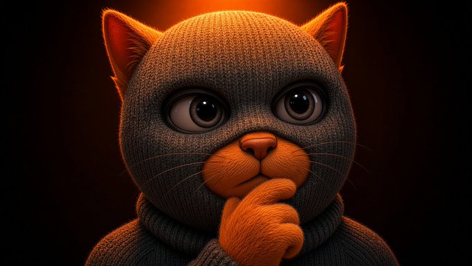 A 3D-rendered orange cat character wearing a gray knitted balaclava/mask, posed thoughtfully with its paw near its mouth against a dark background with red lighting.