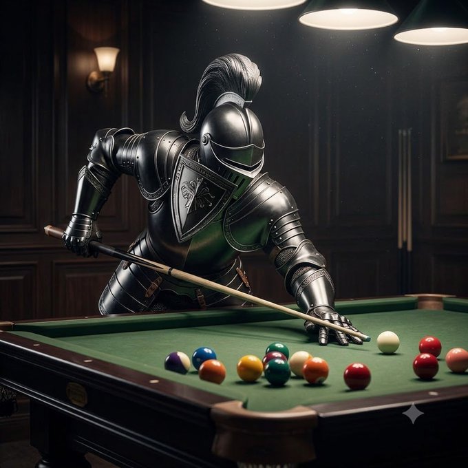 A knight in full plate armor leans over a pool table, aiming his cue stick at a rack of colorful billiard balls in a dimly lit, wood-paneled room.