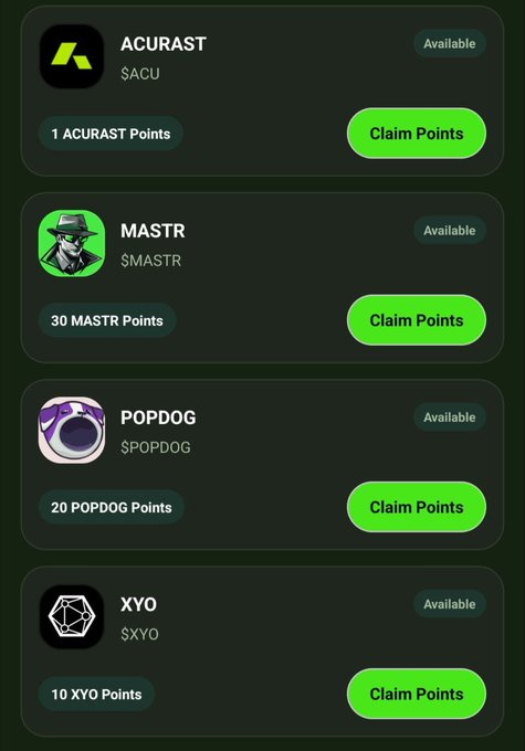A mobile app interface displays available daily crypto point claims for $ACURAST (1 point), $MASTR (30 points), $POPDOG (20 points), and $XYO (10 points), each with a green "Claim Points" button. The image directly illustrates the post's call to action to collect free daily rewards across these four tokens through the MASTR app.