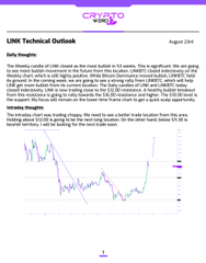 A financial newsletter screenshot titled 'LINK Technical Outlook' from August 2046 featuring a price chart and analysis commentary for Chainlink (LINK) cryptocurrency.