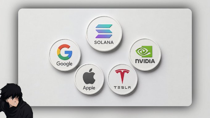 A graphic displaying five circular logos (Google, Solana, NVIDIA, Apple, and Tesla) on a gray background with an anime character visible in the bottom left corner.