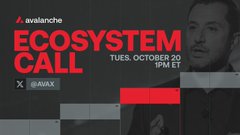 A banner for an 'ECOSYSTEM CALL' event by Avalanche (@AVAX) on Tuesday, October 21 at 1PM ET.
