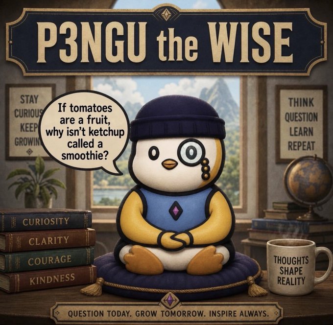 A cute penguin character named 'P3NGU the WISE' sits cross-legged on a meditation cushion with a monocle, surrounded by books labeled 'Curiosity', 'Clarity', 'Courage', and 'Kindness', with a speech bubble asking 'If tomatoes are a fruit, why isn't ketchup called a smoothie?'