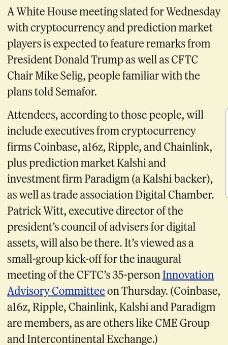 A text excerpt reports on an upcoming White House meeting with cryptocurrency and prediction market executives, including Coinbase, a16z, Ripple, Chainlink, Kalshi, Paradigm, and Digital Chamber, featuring remarks from President Trump and CFTC Chair Mike Selig. The accompanying post "Brad's been very busy preparing for the White House. X. R. P." likely references Ripple's CEO Brad Garlinghouse attending this high-profile crypto meeting, highlighting Ripple's (XRP's) involvement in shaping federal digital asset policy.