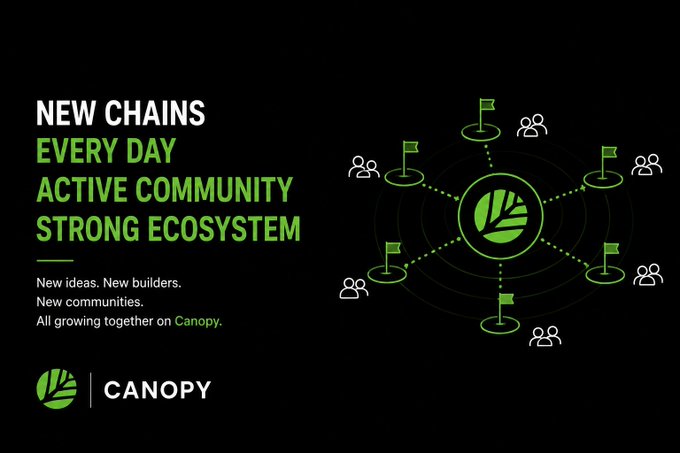 A Canopy promotional graphic featuring the text "NEW CHAINS EVERY DAY, ACTIVE COMMUNITY, STRONG ECOSYSTEM" alongside a network diagram of green flags and people icons connected to a central Canopy logo, visually reinforcing the post's message about rapid chain growth and an engaged builder community.