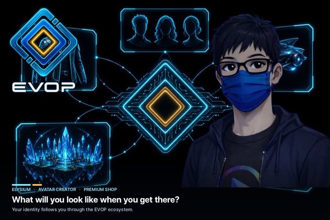 A promotional graphic for "EVOP" features a blue-masked character alongside futuristic interface elements, with the text "ELYsium • AVATAR CREATOR • PREMIUM SHOP" and "What will you look like when you get there?"