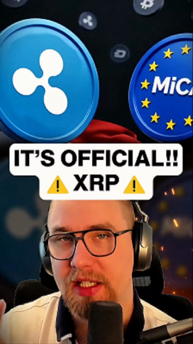 The image features a man wearing glasses, sitting behind a microphone with headphones around his neck. The background of the image shows two blue circles with white logos - one representing Bitcoin and the other representing the European Union (EU). The caption below the image reads "It's Official XRP!".