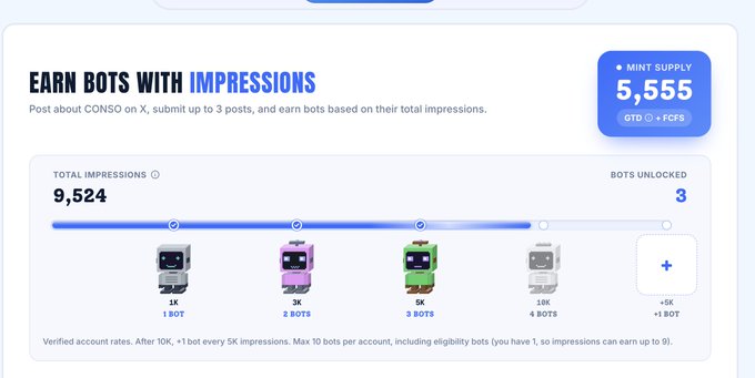 "CONSO Impressions Dashboard showing 9,524 total impressions and 3 bots unlocked toward the 5,555 mint supply." The image relates to the post by illustrating the user's engagement with CONSO's X campaign, where they earn bots through posting impressions—tying into the anticipation of CONSO's upcoming mobile app and TGE on the Sui network.