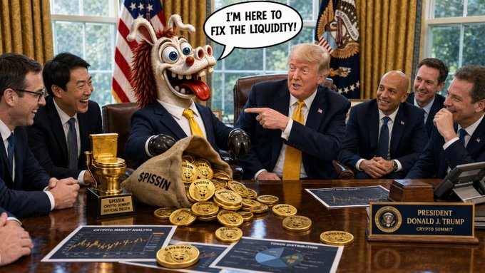 A satirical photo manipulation shows a cartoonish mascot spilling gold coins labeled "$PISSIN" onto a meeting table during a "President Donald J. Trump Crypto Summit," illustrating the social media post's joke about the token's chaotic impact on liquidity.