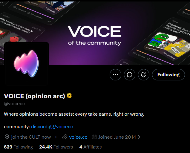 A Twitter/X profile page for 'VOICE (opinion arc)' (@voicecc) with the tagline 'Where opinions become assets: every take earns, right or wrong' and a purple banner reading 'VOICE of the community'.