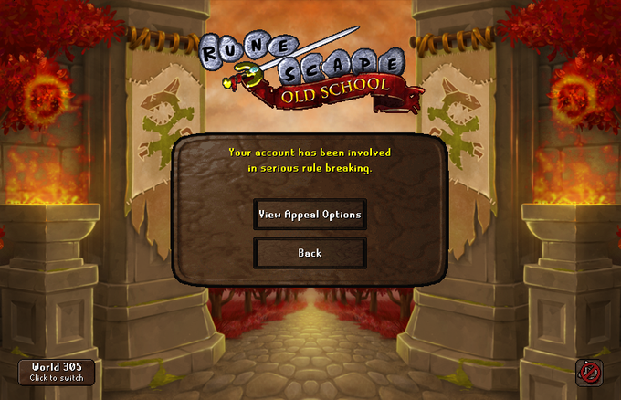 The image shows a RuneScape Old School login screen displaying a ban message: "Your account has been involved in serious rule breaking," with options to "View Appeal Options" or go "Back." This relates to the post as it shows the in-game account termination screen the streamer encountered upon returning to find their account holding 8,800 Robin Hood Hats had been banned.