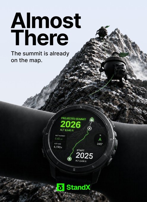 The image features a smartwatch with a fitness tracker displaying the numbers 2026 and 686, indicating a target for users to reach their daily step count goal or other exercise targets. The watch is placed on someone's wrist and is positioned on top of a rock which forms part of an advertisement promoting a mountain summit. A caption beneath this image reads: "A lot of DeFi products still make users choose between earning yield or staying liquid for trading @StandX_Official is trying to remove that tradeoff the concept behind DUSD is actually interesting because idle collateral no longer just sits there doing nothing while traders".