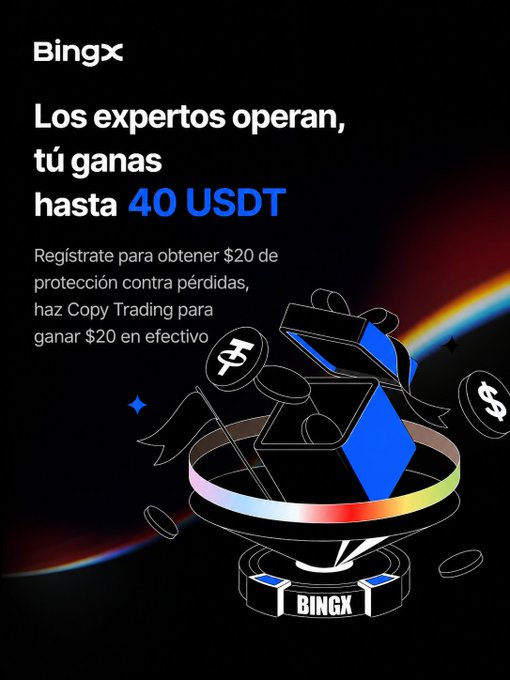 A BingX promotional advertisement in Spanish offering up to 40 USDT, with text 'Los expertos operan, tú ganas hasta 40 USDT' and instructions to register for $20 loss protection.
