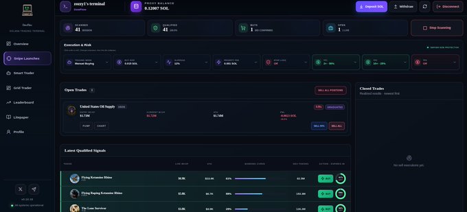 A dark-themed trading platform dashboard showing a portfolio named 'sazzy's terminal' with a balance of 0.13697 SOL, displaying sections for Open Trades, Latest Qualified Signals, and Execution & MLX.