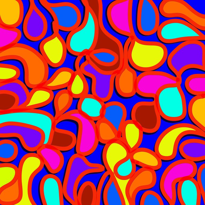 A psychedelic, brightly colored abstract pattern composed of interconnected organic shapes in blue, orange, pink, green, yellow, and purple.