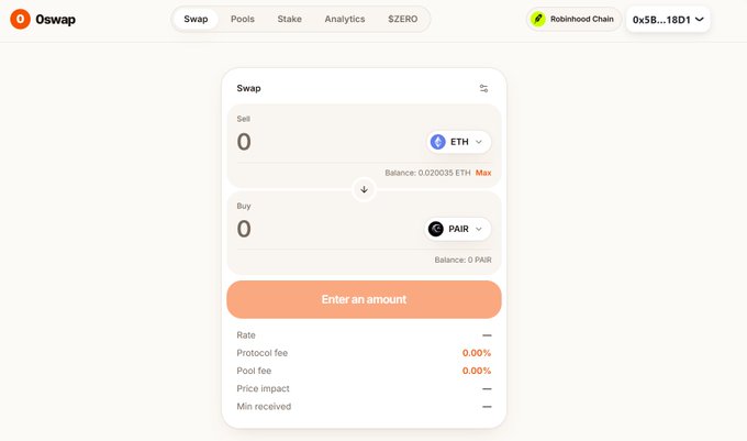 A screenshot of 0swap.exchange displays the swap interface for trading the newly listed $PAIR token against ETH on the Robinhood Chain, with a balance of 0.020035 ETH and 0 PAIR, and an orange "Enter an amount" button above 0% protocol and pool fees.