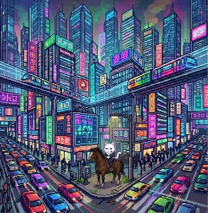 A vibrant pixel-art illustration of a neon-lit cyberpunk cityscape featuring elevated trains, colorful billboards with Asian text, busy streets, and a surreal white cat riding a horse in the center.