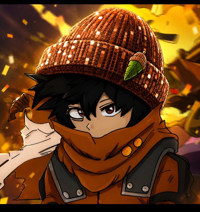 An anime-style illustration of a dark-haired character wearing an orange knitted beanie adorned with a green leaf pin and an orange face-covering scarf, set against a fiery orange and yellow background.