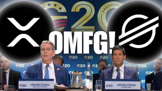 A meme overlaying XRP and Stellar (XLM) cryptocurrency logos with 'OMFG!' text on top of a G20 summit photo showing two U.S. officials at the table.