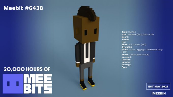 Meebit #6438 pixel art character profile from the '20,000 Hours of MeeBits' collection, showing a Human type with Mohawk hair, Suit Jacket, Short Leggings, and Urban Boots, established May 2021.