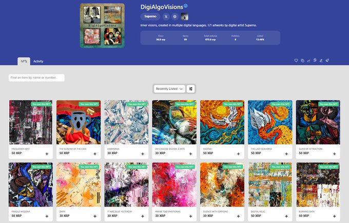A screenshot of an NFT marketplace profile for 'DigiAlgoVisions' by artist 'Superno,' displaying a collection of digital artworks including 'FREQUENCY 6937' and 'THE SONG OF THE CAPS,' each priced at 50 XRP.