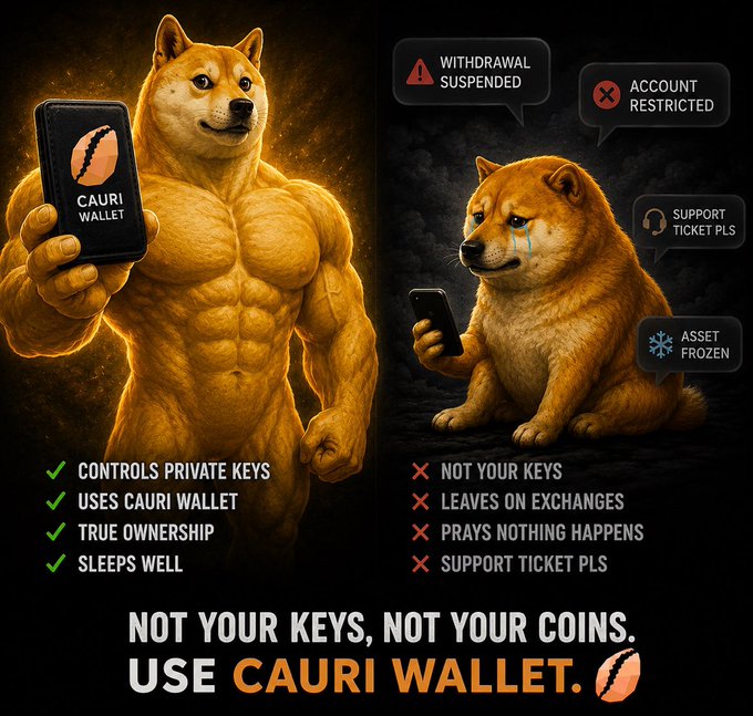 An advertisement for Cauri Wallet featuring a muscular Shiba Inu on the left and a crying Shiba Inu on the right, with the text 'NOT YOUR KEYS, NOT YOUR COINS. USE CAURI WALLET.'