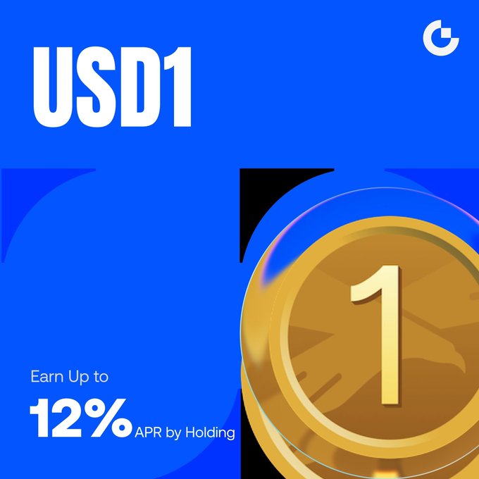 A promotional graphic for "USD1" features a golden coin with a "1" on it against a blue background, advertising an "Earn Up to 12% APR by Holding" staking offer from the G platform, visually supporting the post's news about @worldlibertyfi's updated flexible soft staking campaign.
