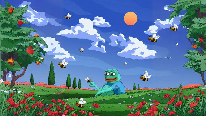 A cheerful turquoise frog sits in a vibrant, cartoon-style meadow filled with red flowers, buzzing bees, and lush green trees under a bright sun and blue sky—perfectly capturing the playful, carefree spirit of a "gm" post encouraging a lighthearted, ridiculous start to the day.