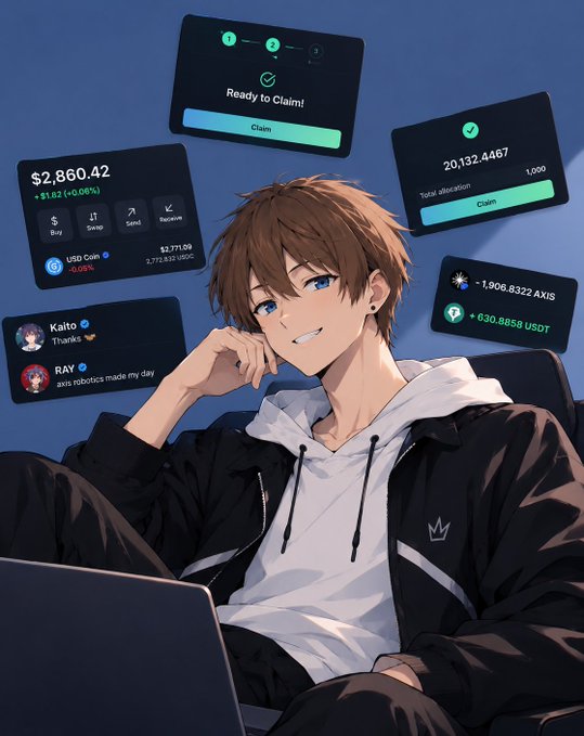 An anime-style young man relaxes at a laptop while floating cryptocurrency panels show transaction and claim screens, including “Ready to Claim!” and amounts in USD and USDT.