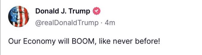 A screenshot of a tweet from Donald J. Trump (@realDonaldTrump) reading "Our Economy will BOOM, like never before!" paired with commentary suggesting the statement may signal a Bitcoin price surge.